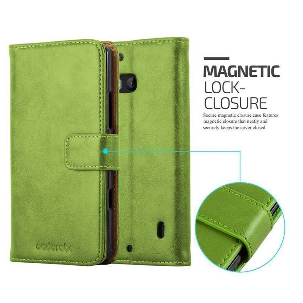Una funda de teléfono verde, cerrada. Se muestra el texto CIERRE MAGNÉTICO, junto con detalles.
