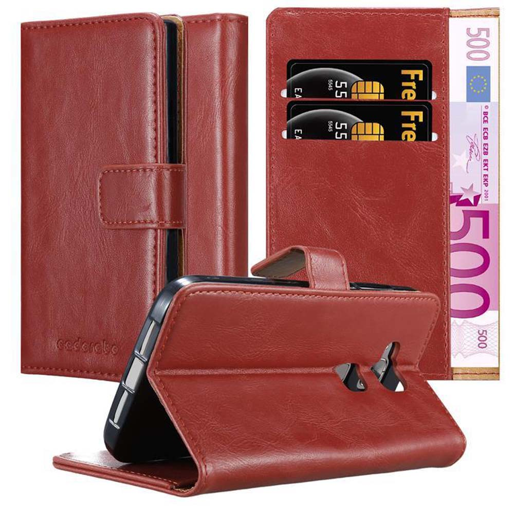 Funda roja con teléfono dentro. Dos tarjetas de crédito dentro. Factura euro visible.