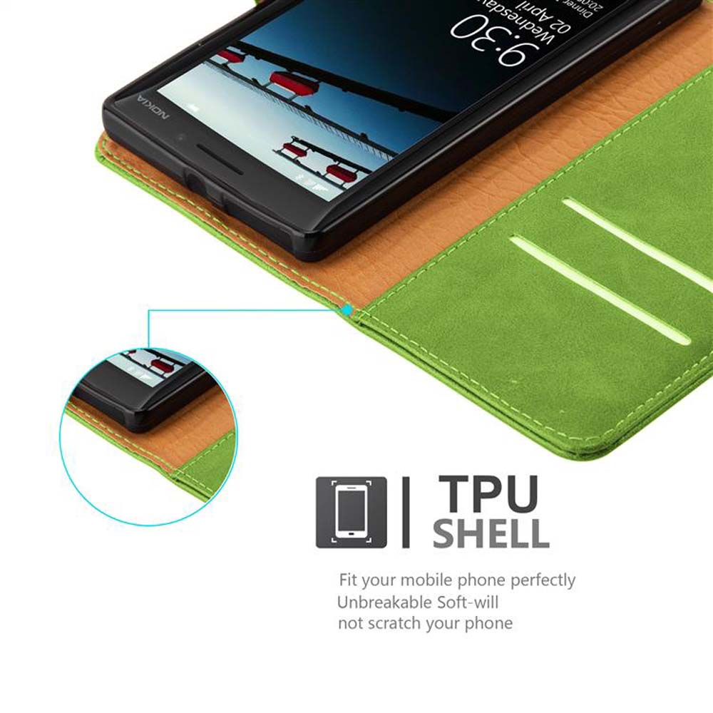 Teléfono en funda verde, abierta, con interior verde y marrón.