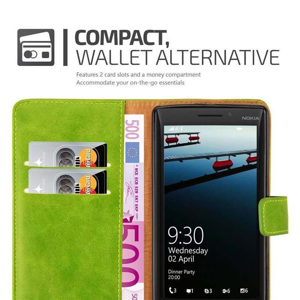 Funda verde para teléfono con teléfono, tarjetas y dinero. Texto: compacto, alternativa de billetera. Verde.