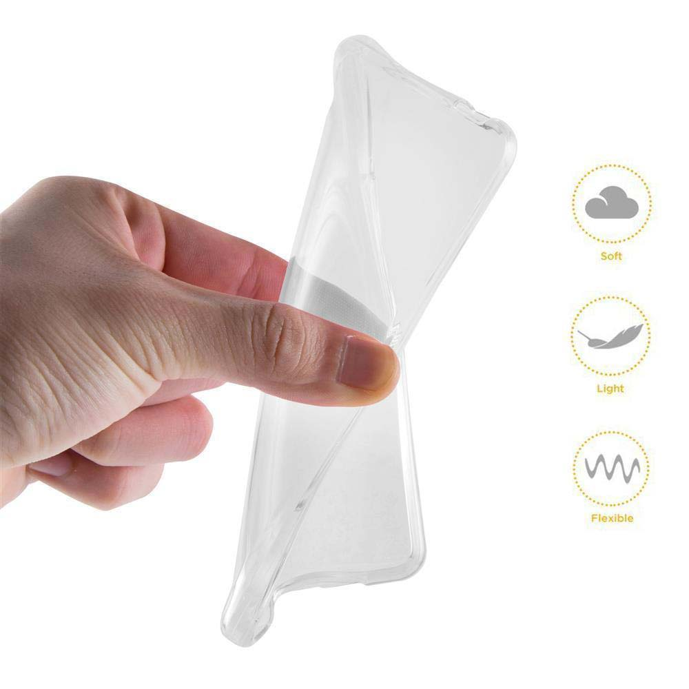 Una mano che tiene una custodia trasparente per telefono. Accanto ci sono icone morbide, leggere e flessibili.