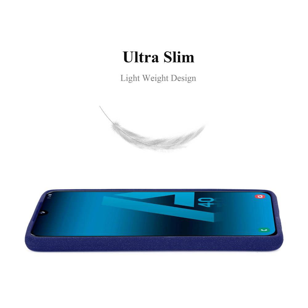 Custodia per telefono, telefono nero all'interno, con cornice blu. Testo: Ultra Sottile, Design Leggero.