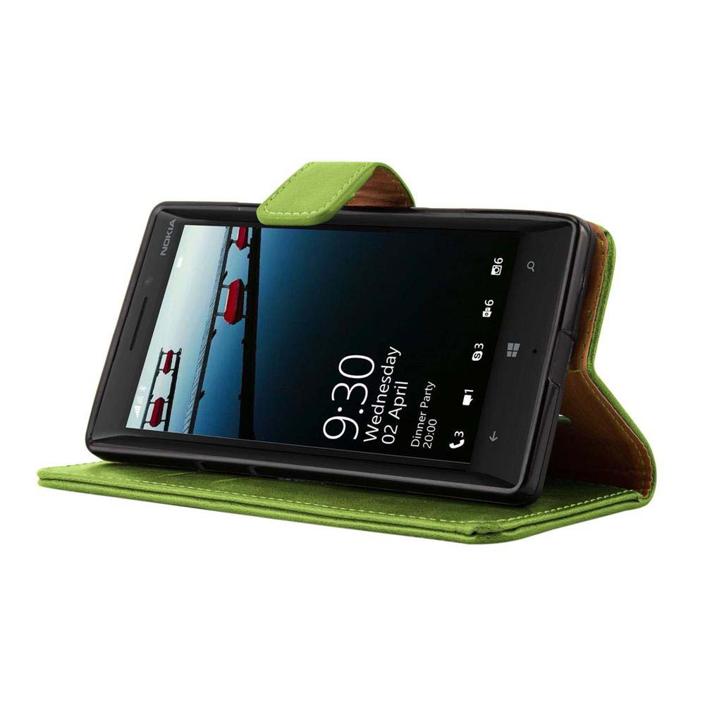 Teléfono en una funda de cuero verde, abierto y mostrando la pantalla. La funda está sobre una superficie.