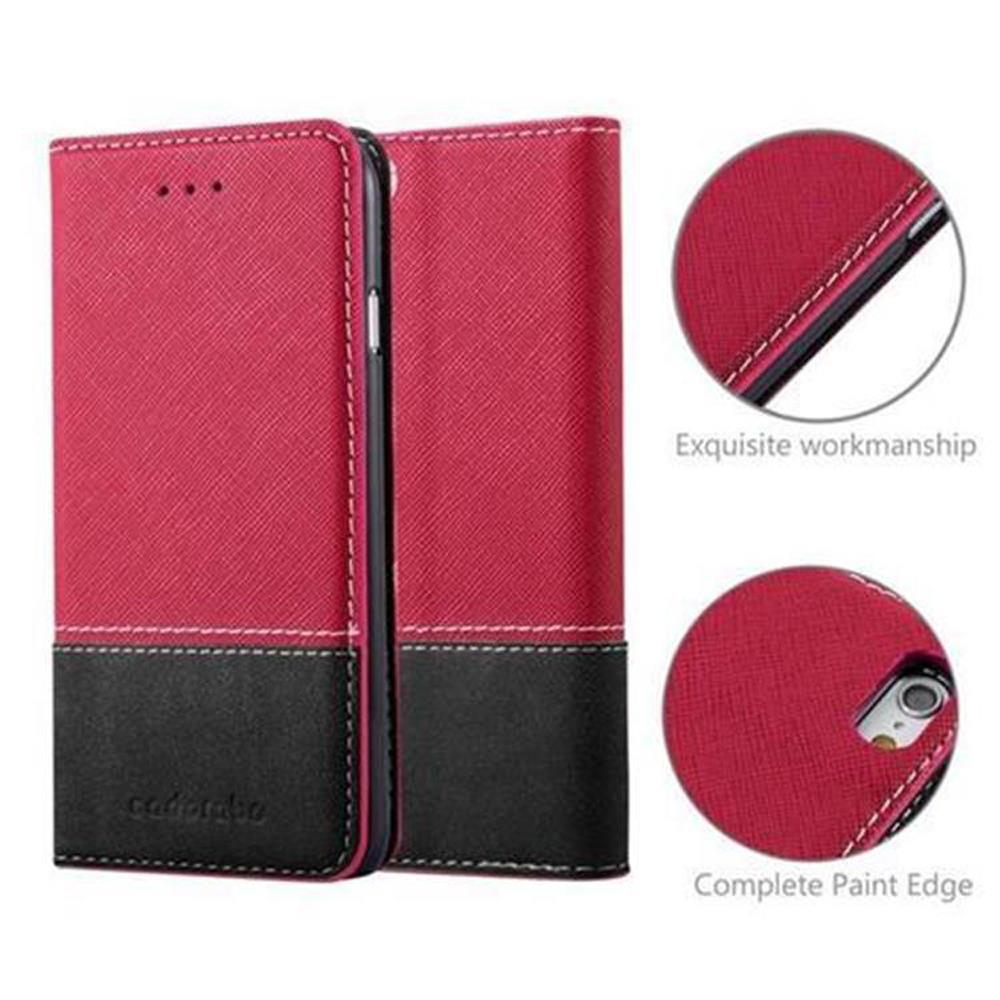 Funda roja y negra con borde cosido. Primeros planos muestran borde y detalles.