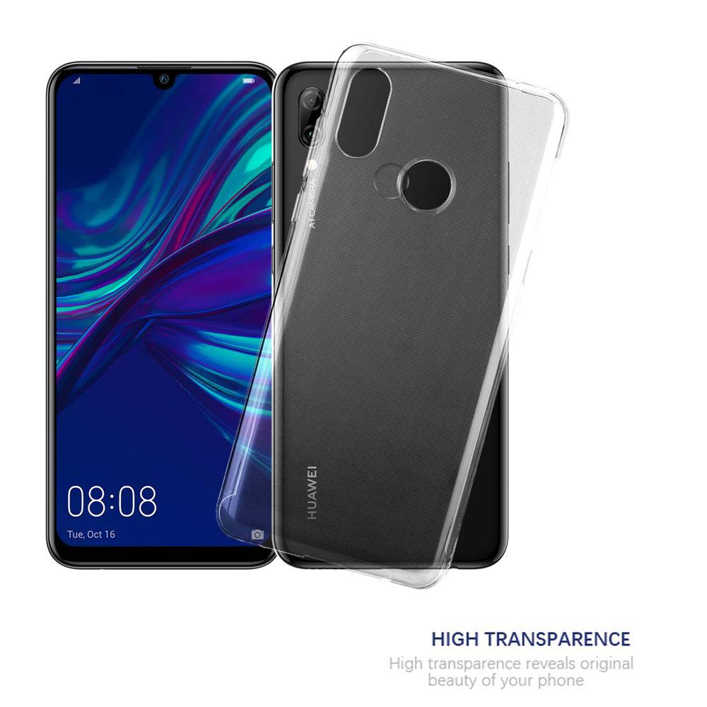 Custodia trasparente su un telefono Huawei. Caratteristiche: Alta trasparenza. Lo schermo del telefono mostra l'ora: 08:08.