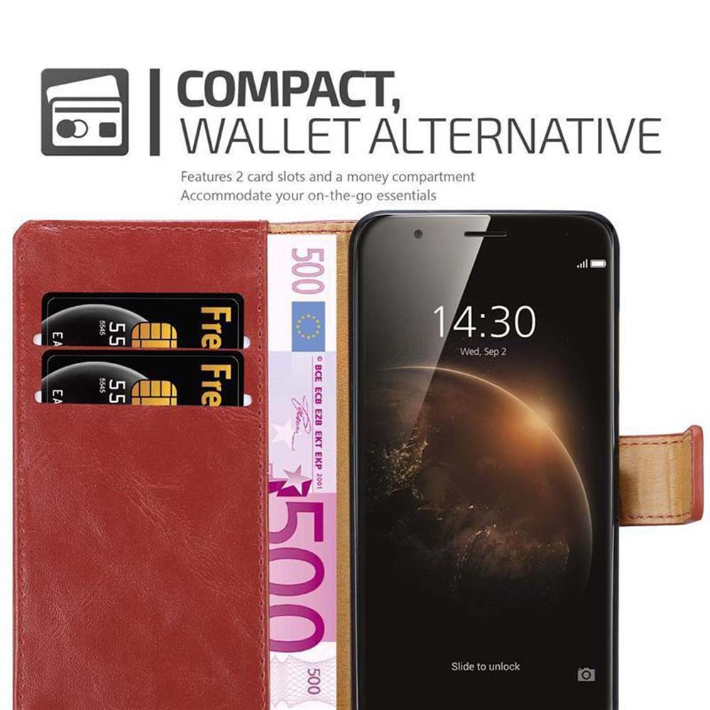 Funda folio roja, abierta, mostrando tarjetas de crédito, efectivo y pantalla del teléfono. Texto: 'COMPACT, WALLET ALTERNATIVE'.