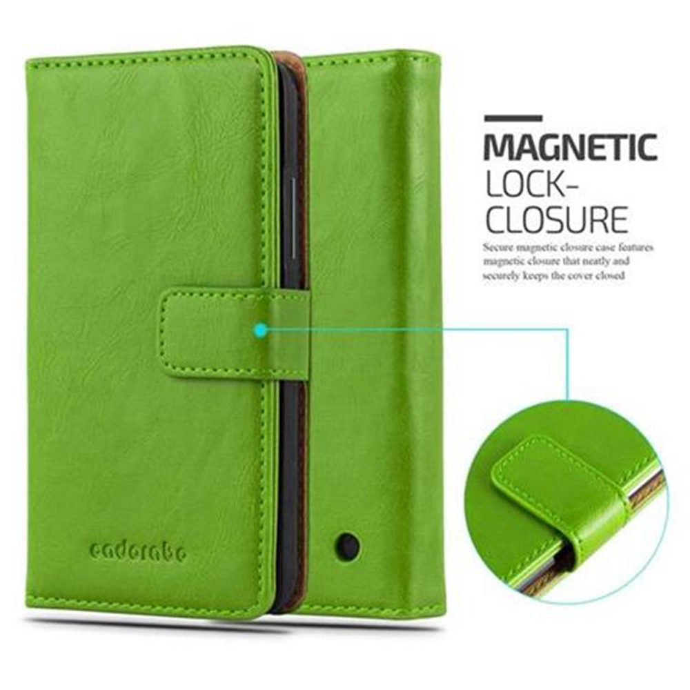 Custodia verde per telefono con chiusura magnetica. Custodia aperta.
