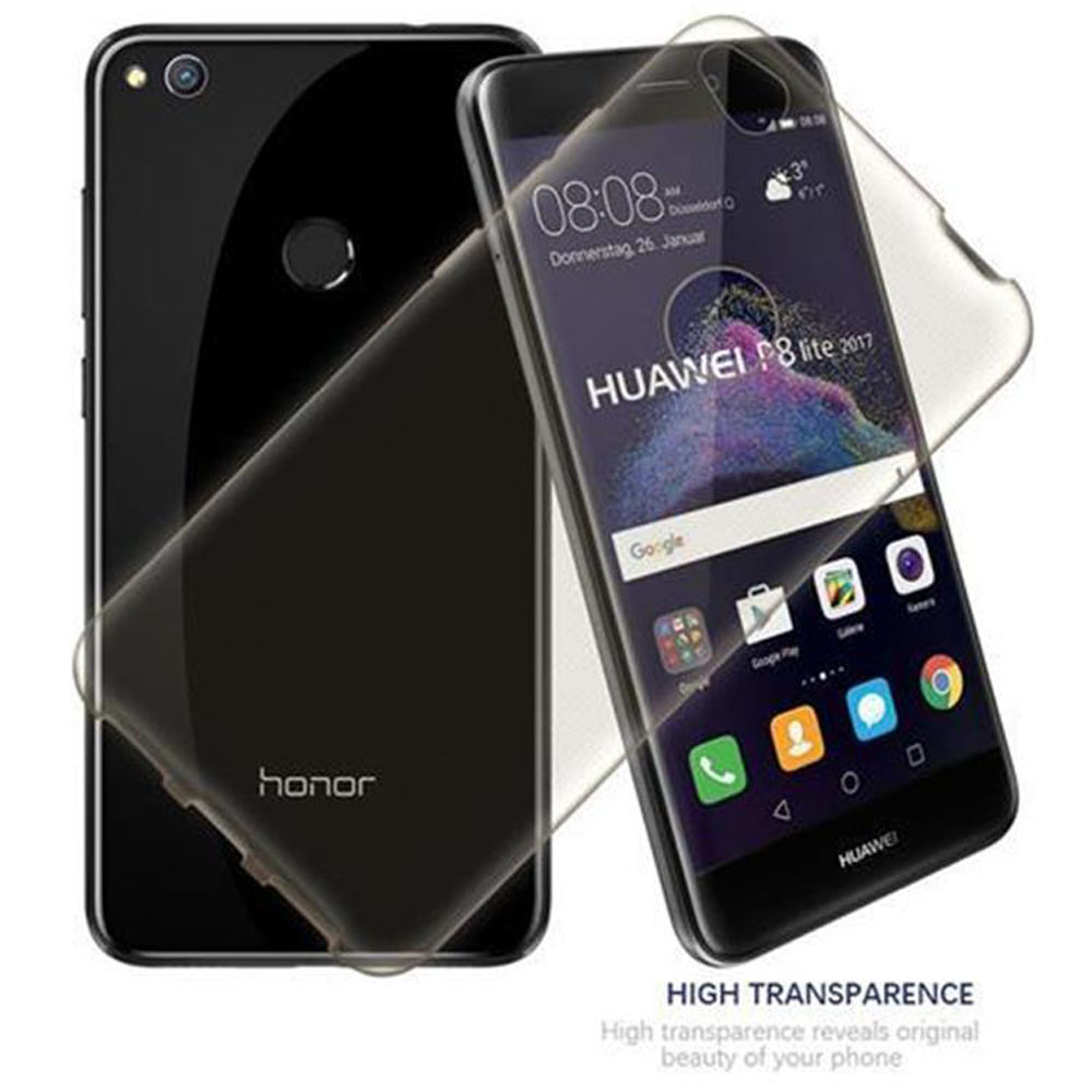 Zwei schwarze Telefone mit transparenten Hüllen liegen auf einer weißen Oberfläche. Eines zeigt eine Benutzeroberfläche.