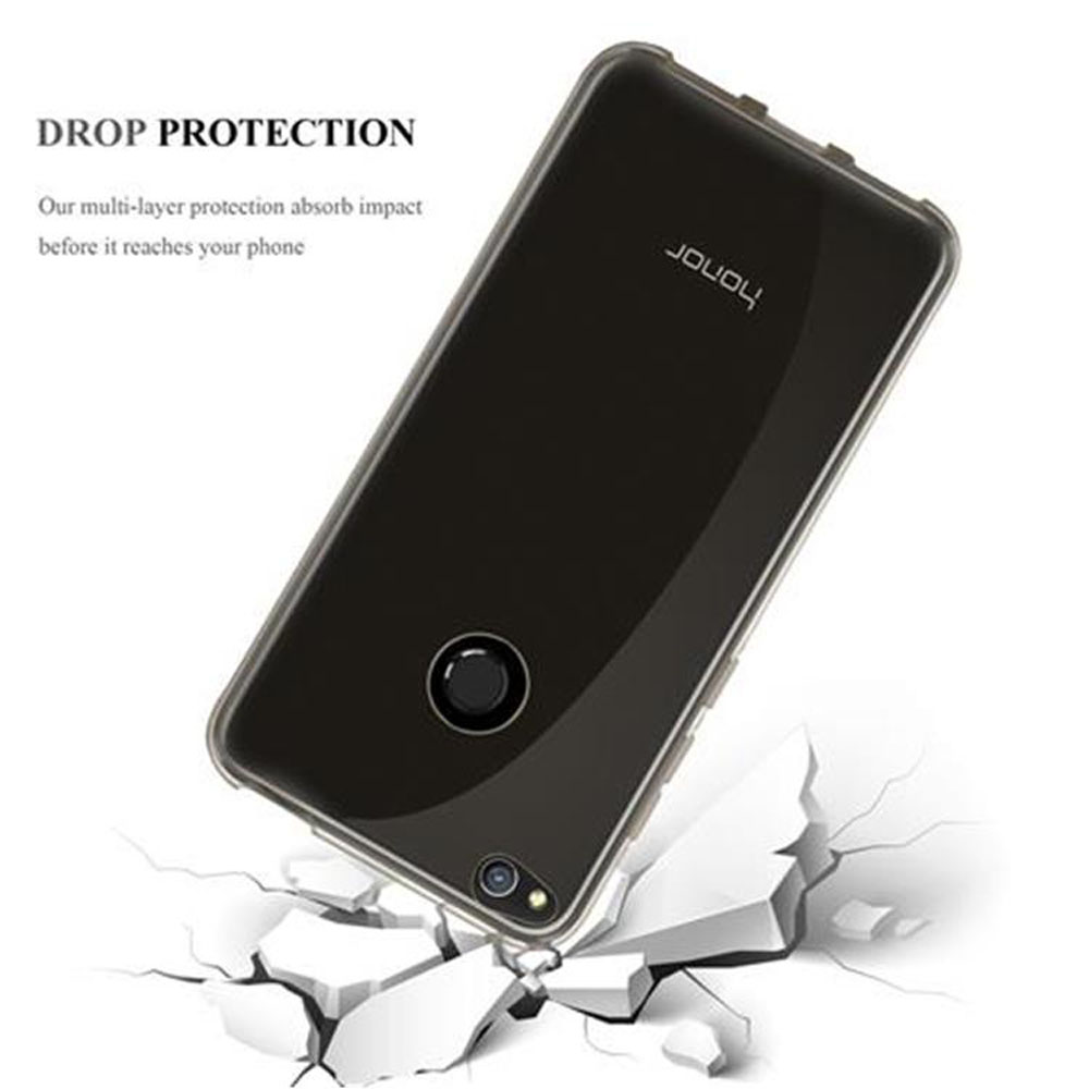 Schwarzes Telefon in klarer Hülle. Text: Drop Protection. Das Telefon fällt. Betonhintergrund.