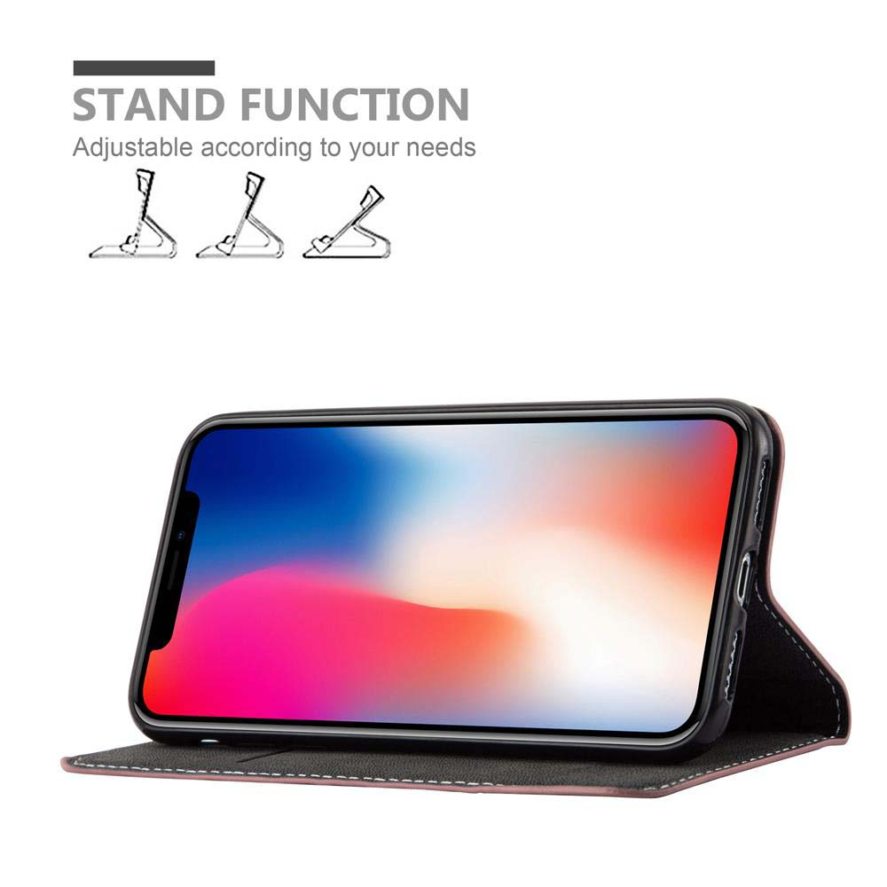 Ein Telefon in einer Hülle, aufgestellt. Das Bild zeigt die Standfunktion mit verschiedenen Winkeln.