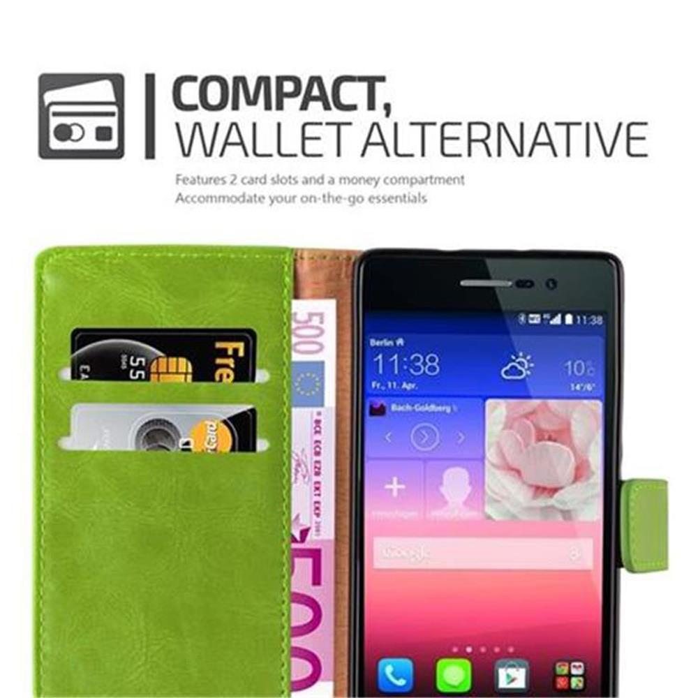 Una custodia verde per telefono con carte e denaro visibili. Lo schermo del telefono è acceso con un display.