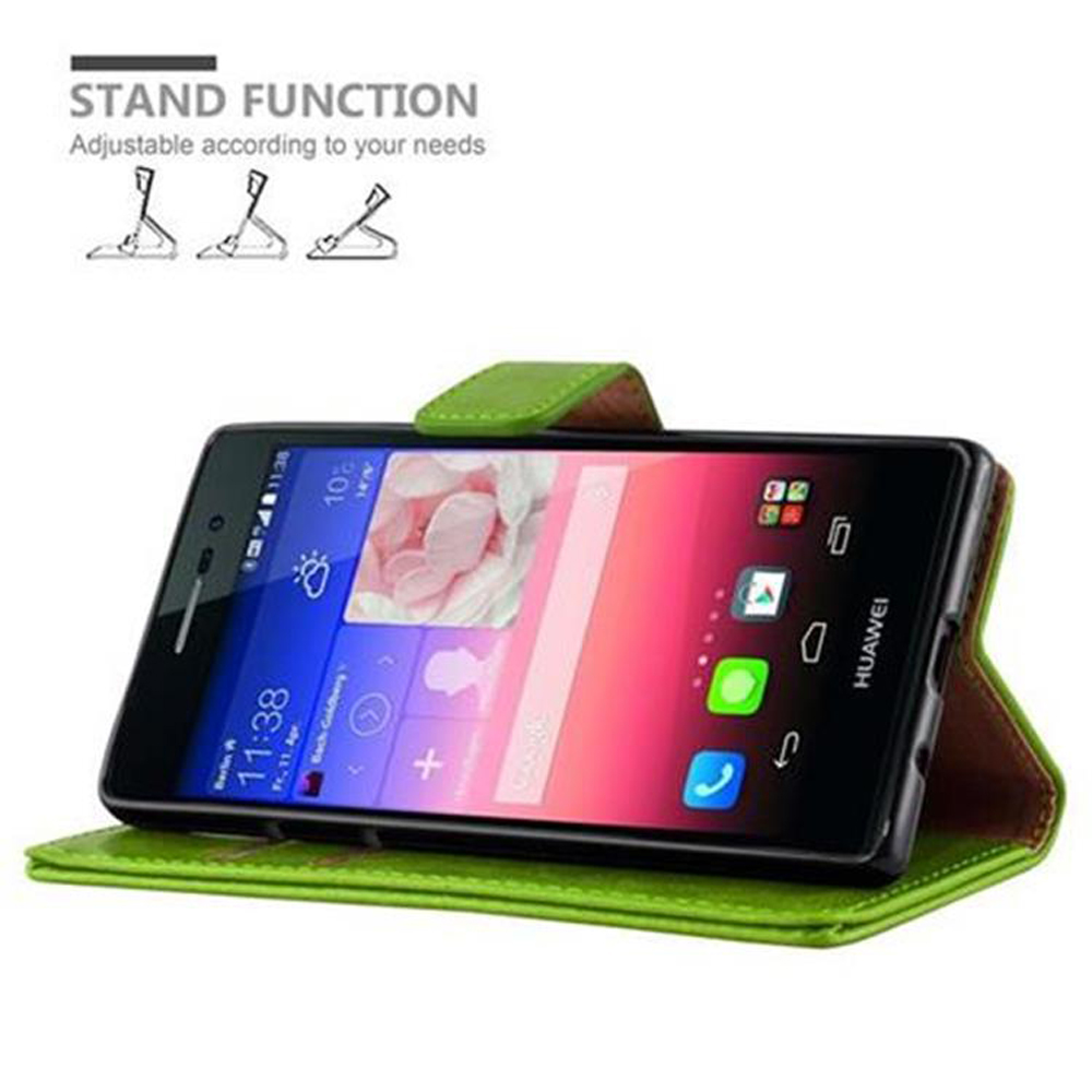Uno smartphone nero in una custodia di pelle verde con un'interfaccia.