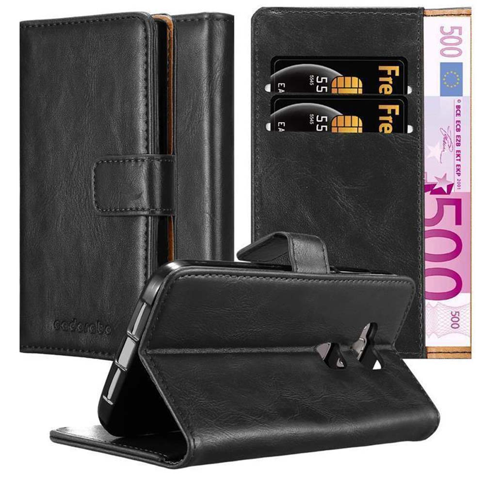 Custodia per telefono nera a portafoglio con un telefono all'interno e denaro/carte.