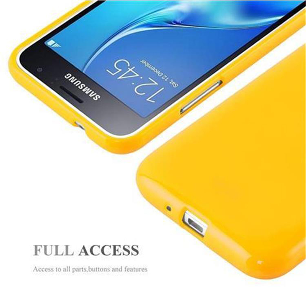 Telefono giallo in custodia gialla. Accesso completo a tutte le parti e funzioni.