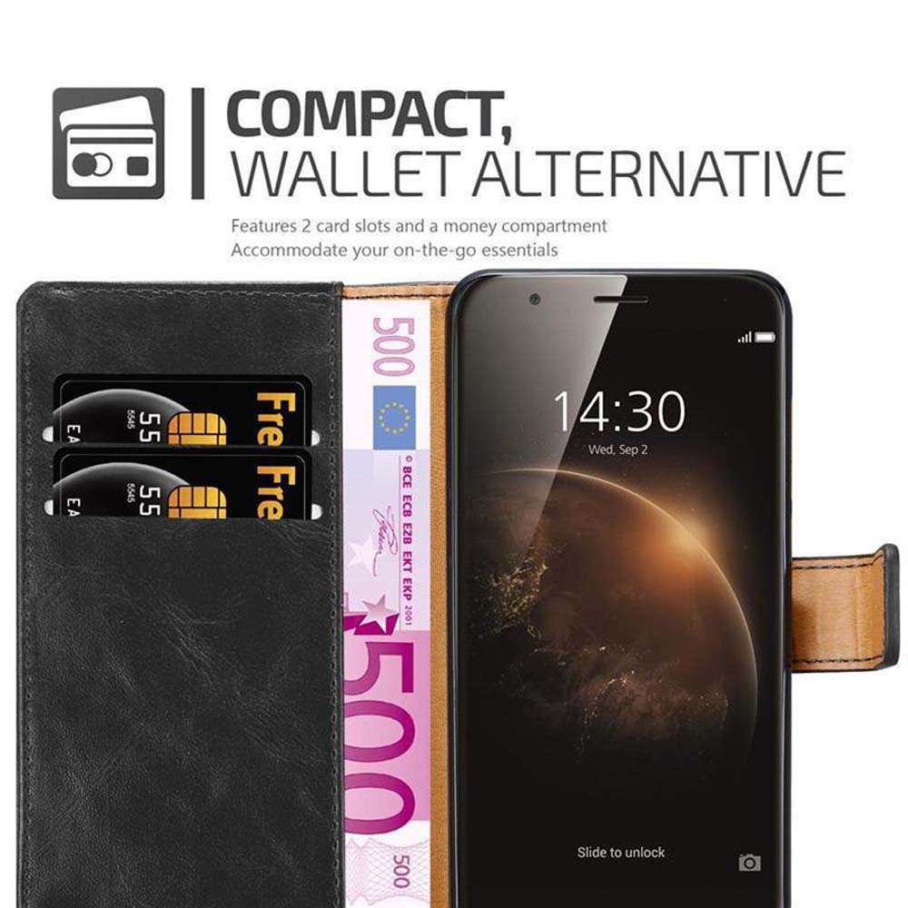 Custodia per telefono nera con telefono e denaro. Testo: Compatto, Alternativa al portafoglio. Con scomparti per carte.