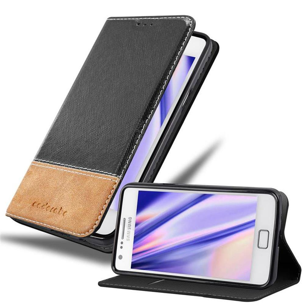 Schwarze und braune Handyhülle mit Telefon, Marke gedruckt. Der Bildschirm des Telefons ist sichtbar.