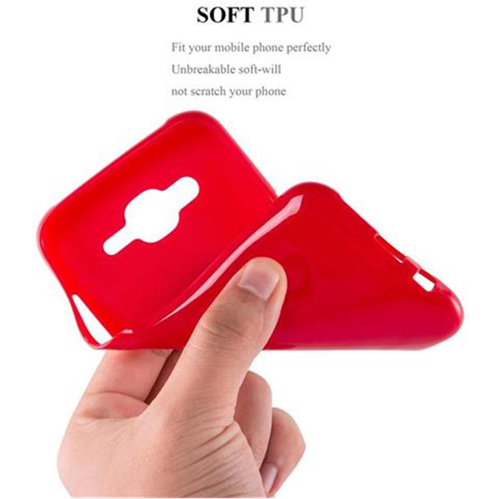 Se muestra una funda roja para teléfono en una mano. Es TPU suave. El texto dice: TPU suave.