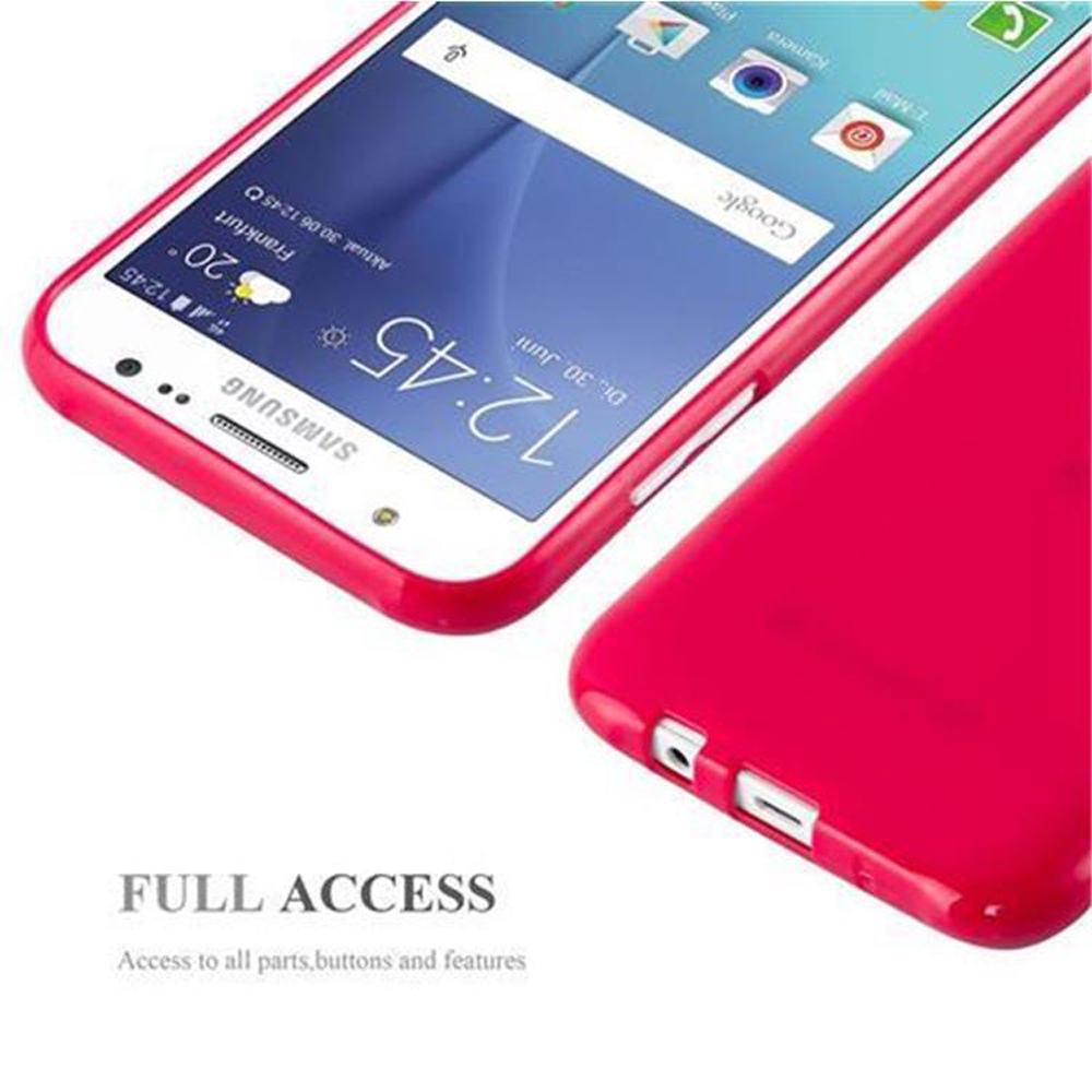 Teléfono en funda roja, abierto. Texto 'Acceso completo' y detalles del producto abajo.