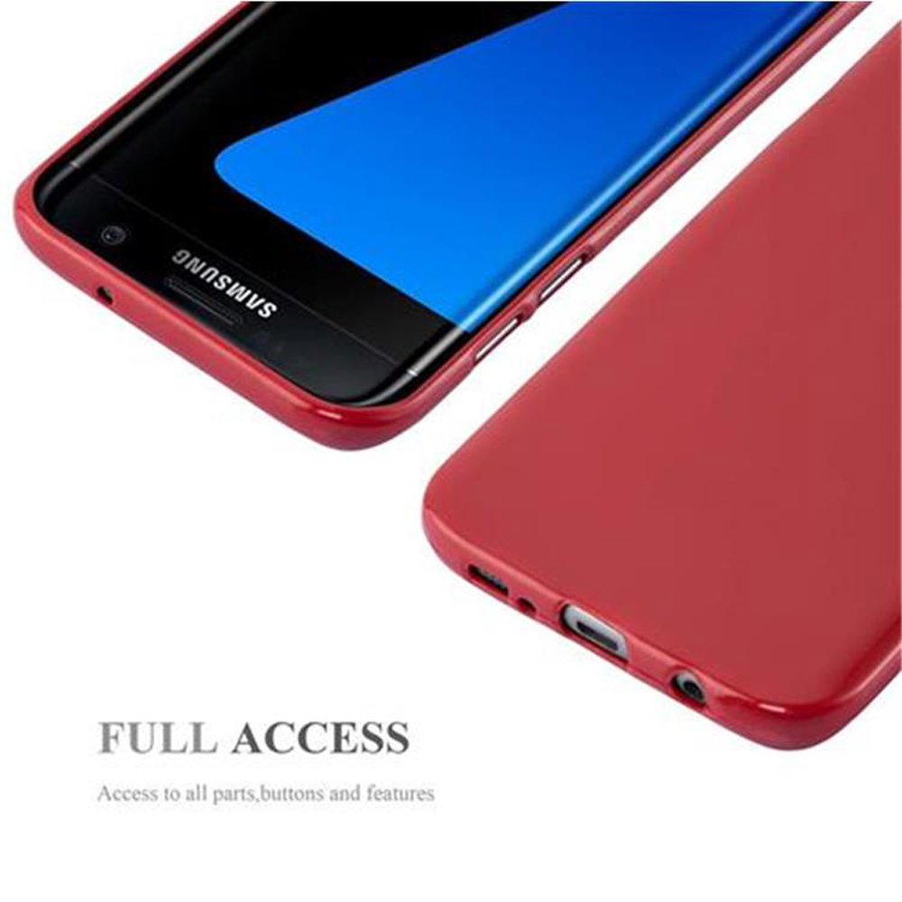 Custodia rossa per telefono con telefono inserito. Lo schermo del telefono è blu.