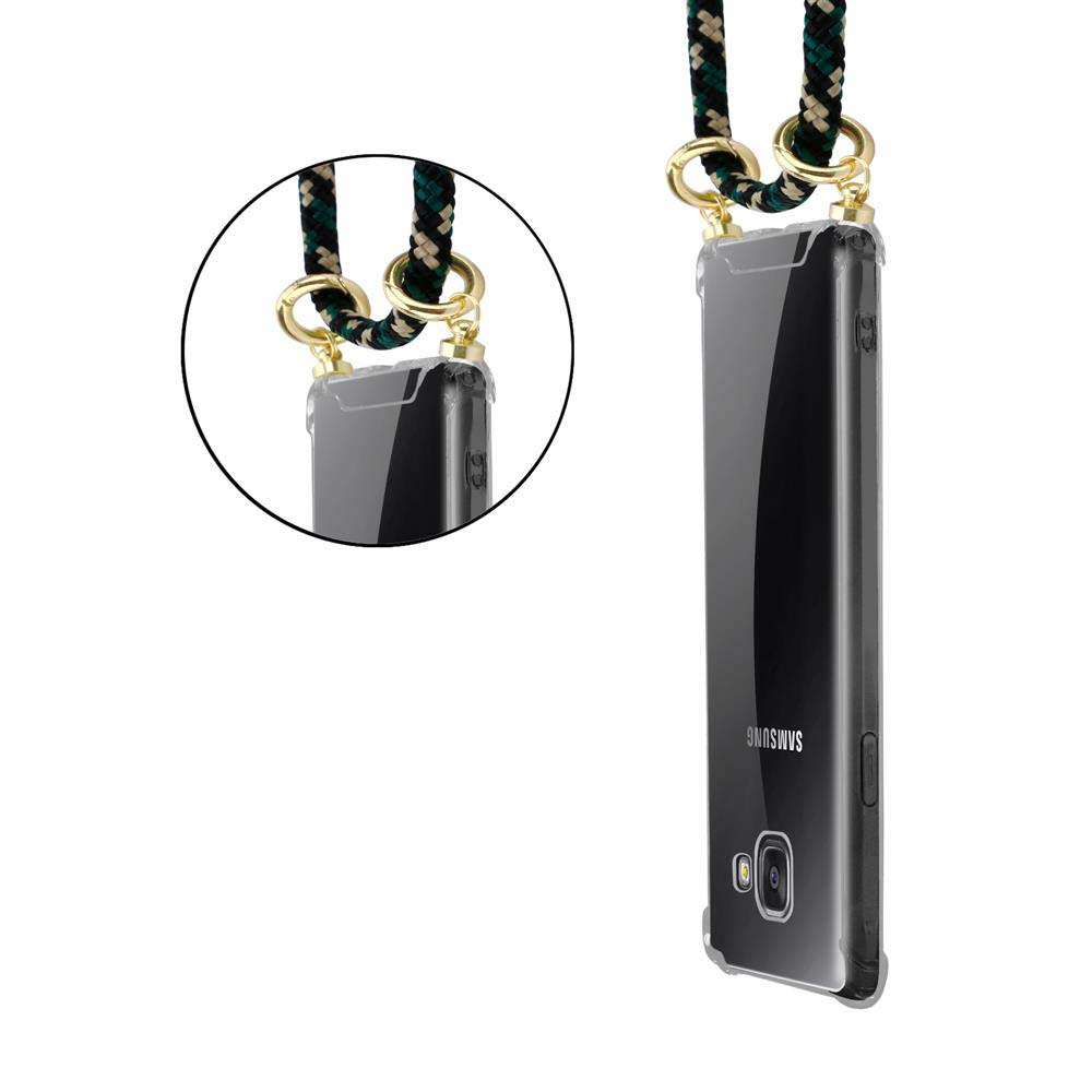 Custodia trasparente con cinturino, appesa su sfondo bianco.