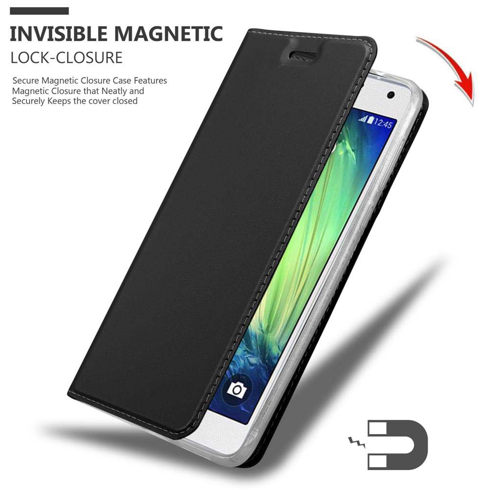 Ein Telefon in einer schwarzen Hülle. Die Hülle hat einen Magnetverschluss. Das Telefon ist weiß und hat einen Bildschirm.