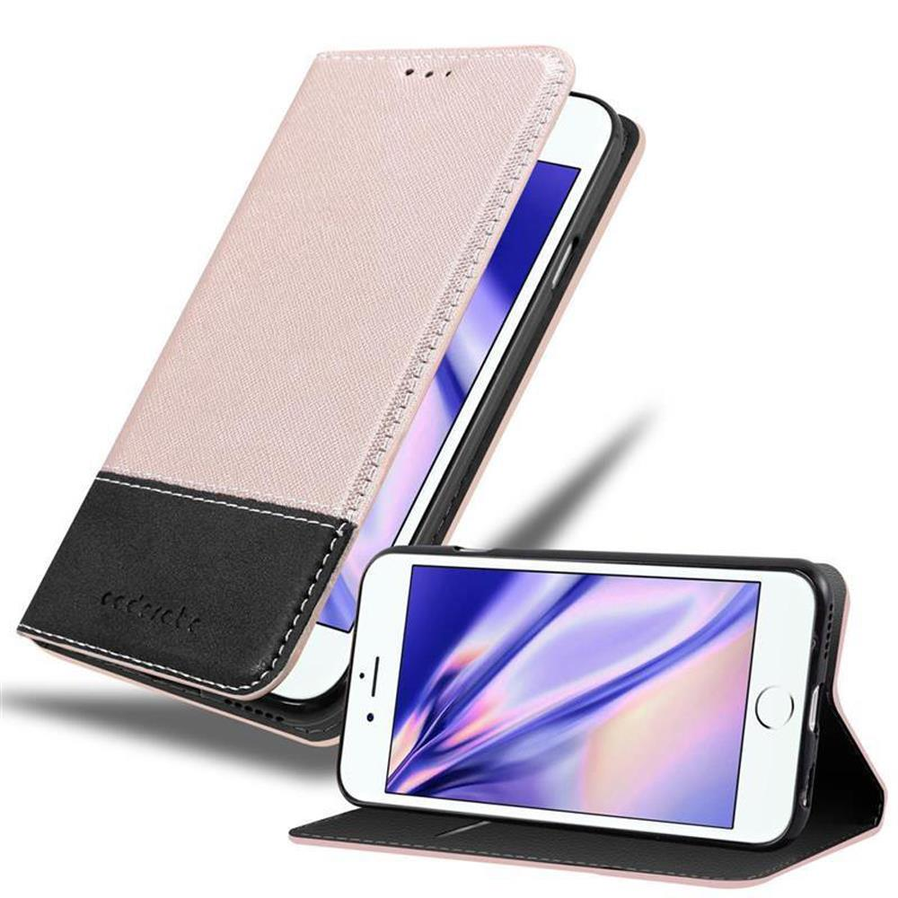 Una funda rosa para teléfono con la parte inferior negra. El teléfono está abierto.