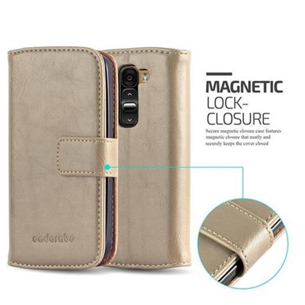 Funda de teléfono beige, con cierre magnético.