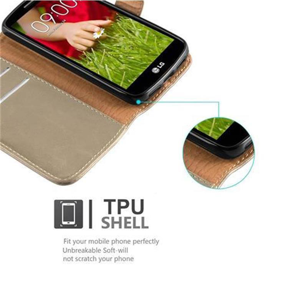 Teléfono en una funda marrón, mostrando la pantalla y el borde del teléfono.