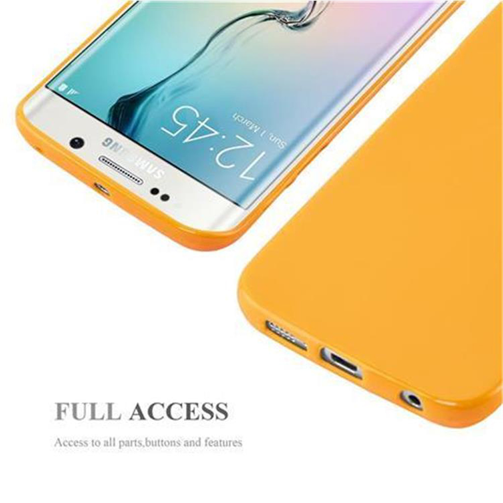Due telefoni, uno mostra lo schermo. La custodia è arancione. Accesso completo è descritto.