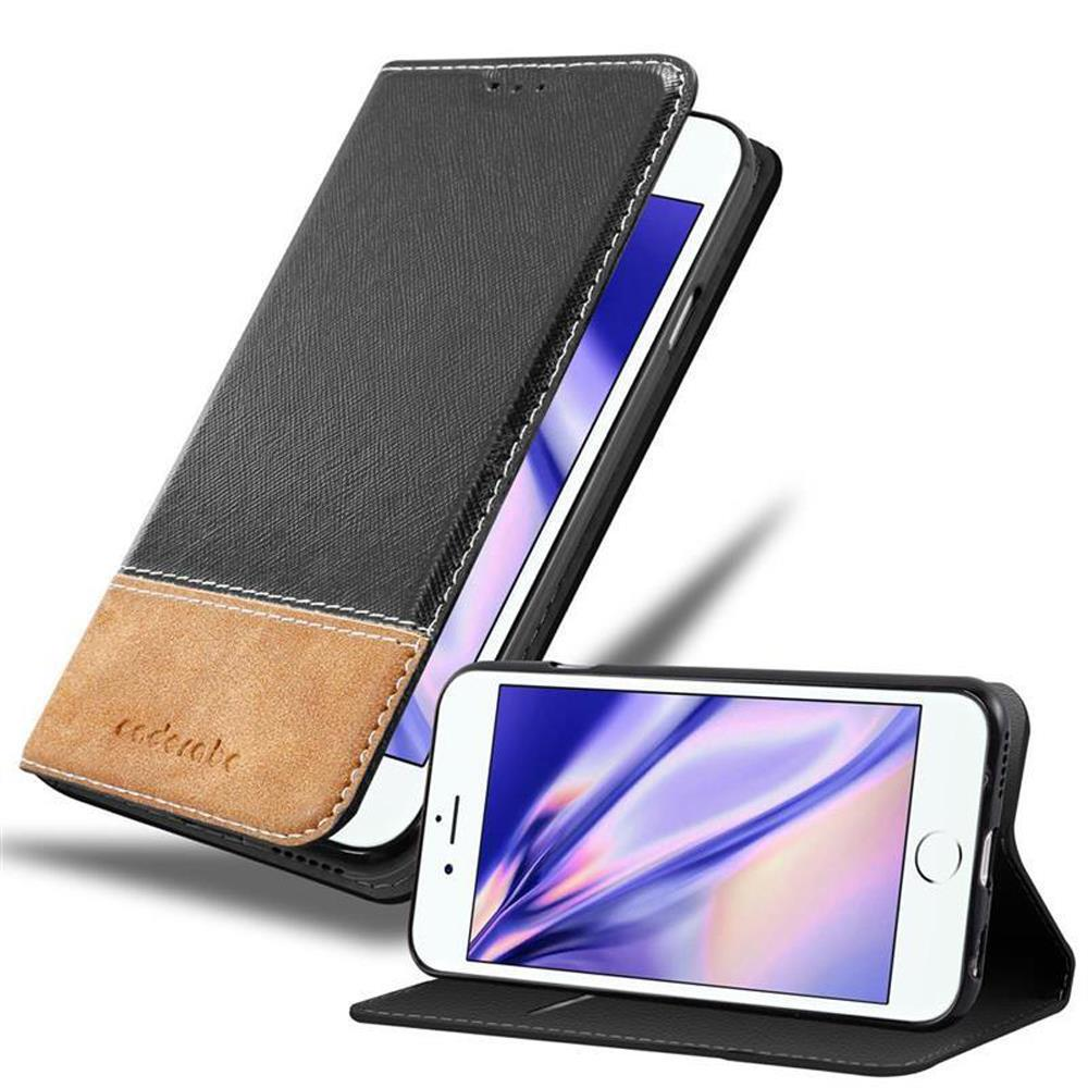 Funda de teléfono negra y marrón claro, abierta mostrando el teléfono. La funda tiene una parte inferior marrón claro y una superior negra.
