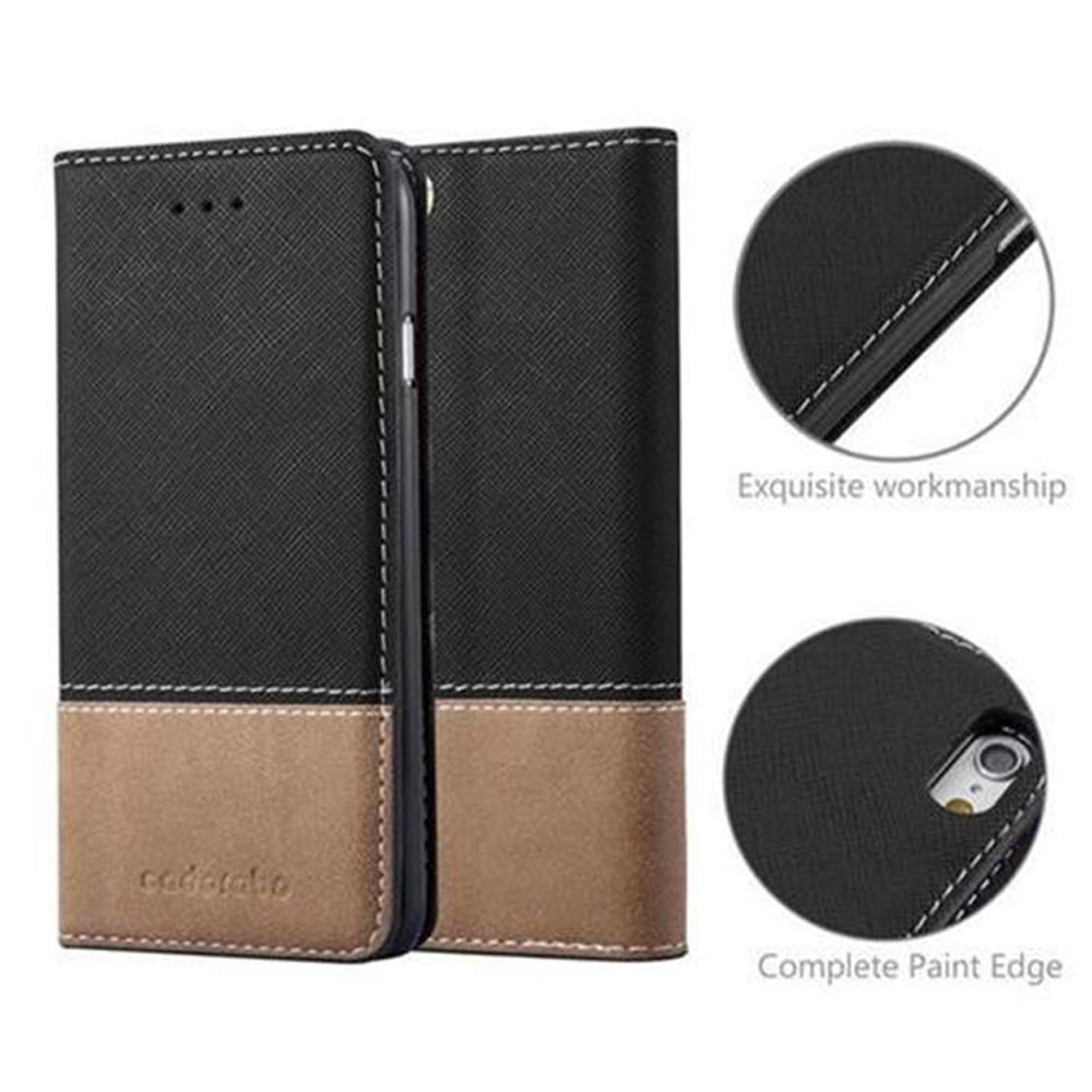 Una funda de teléfono negra y marrón. La funda está cerrada, mostrando un primer plano de los detalles.