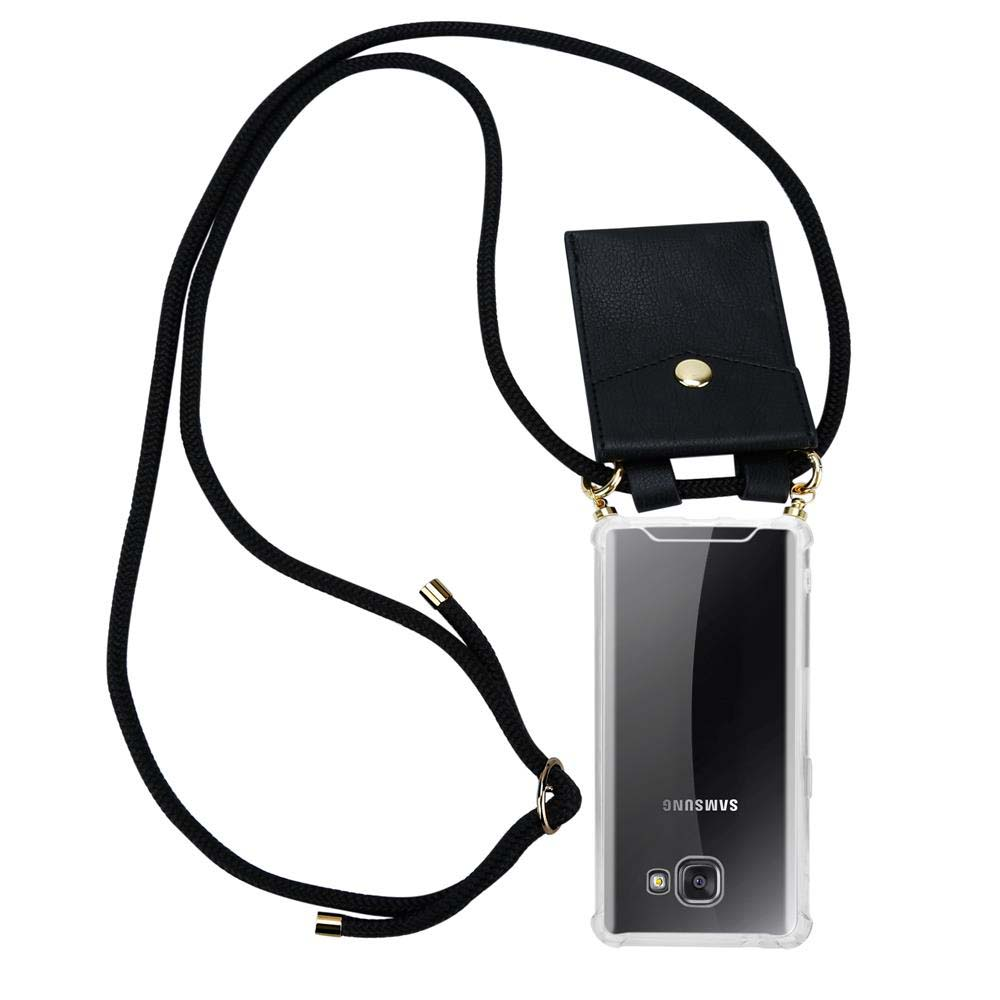 Una funda negra para teléfono con un cordón negro y una pequeña bolsa colgando.