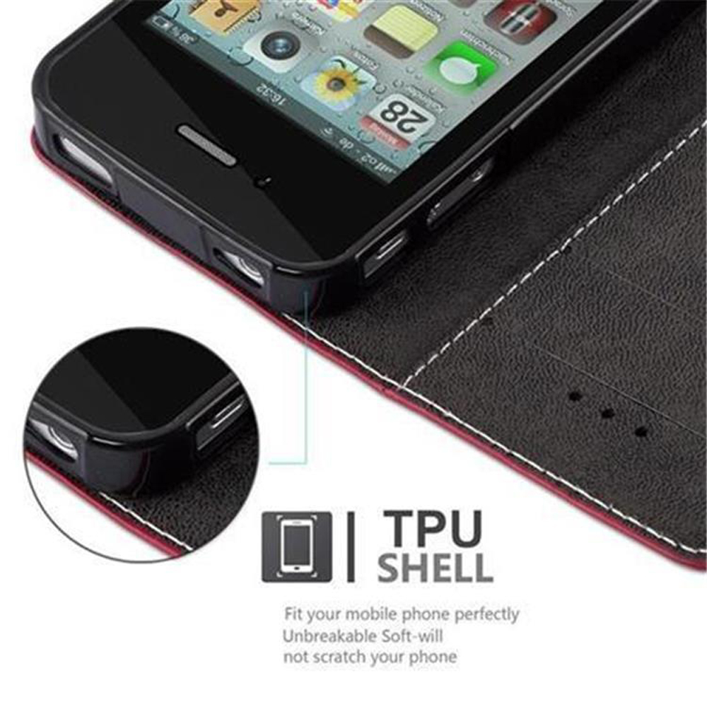 Telefono in custodia TPU shell. La custodia è rossa. La parte inferiore ha un'etichetta TPU Shell.