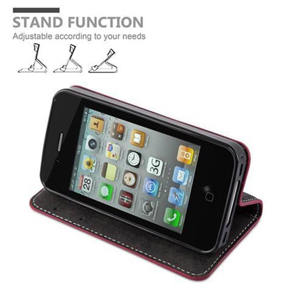 Smartphone nero in custodia di pelle, con icone sullo schermo e illustrazioni della funzione stand.