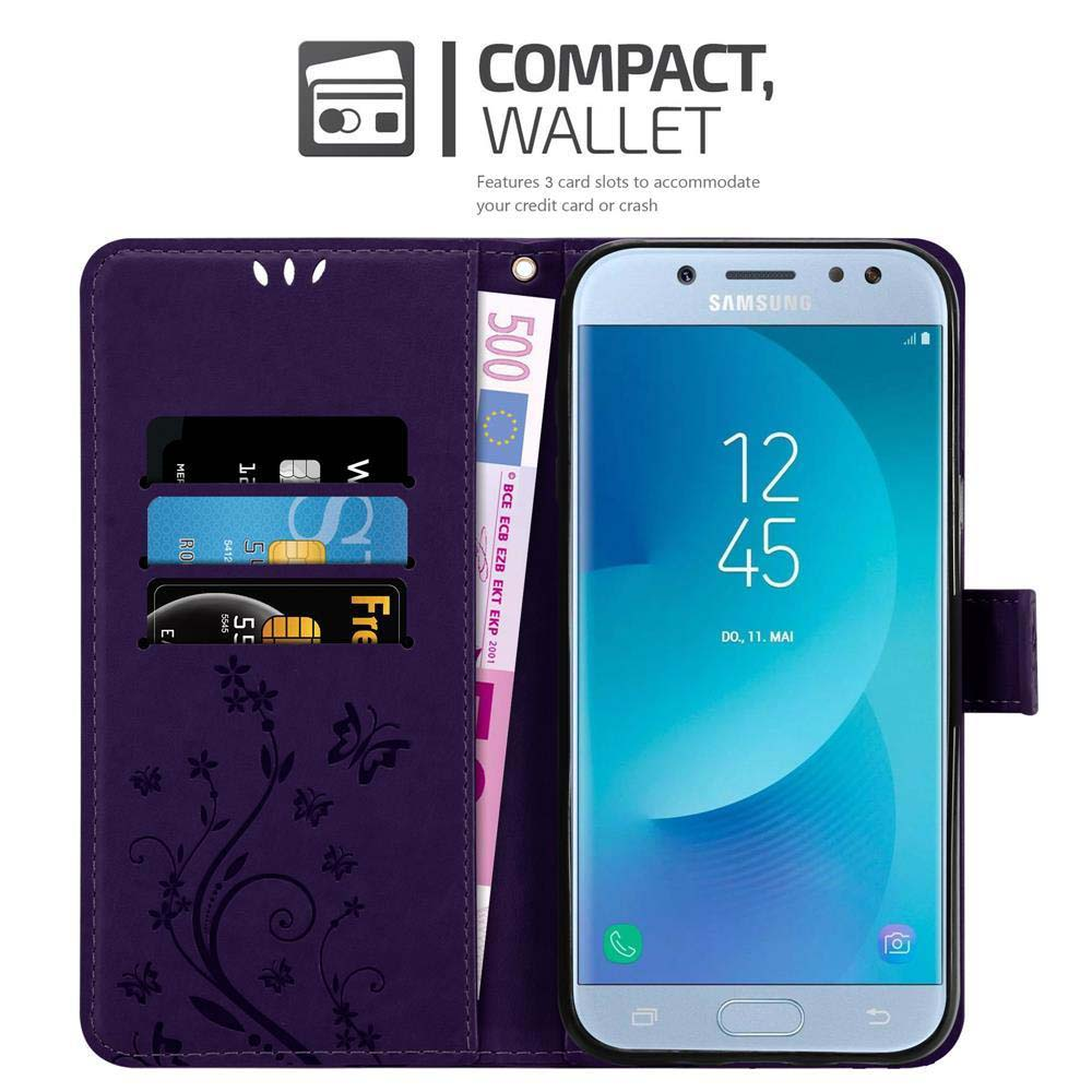 Una custodia viola per telefono con fessure per carte e una banconota. Il telefono è sul lato destro. Testo: COMPATTO, PORTAFOGLIO.