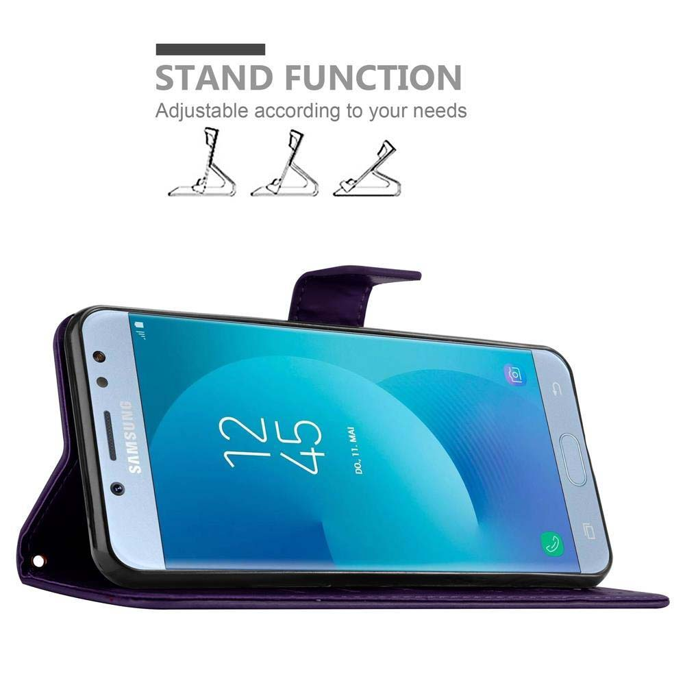 Telefono in custodia su un supporto, schermo mostra l'ora. Testo: Funzione stand. Regolabile.