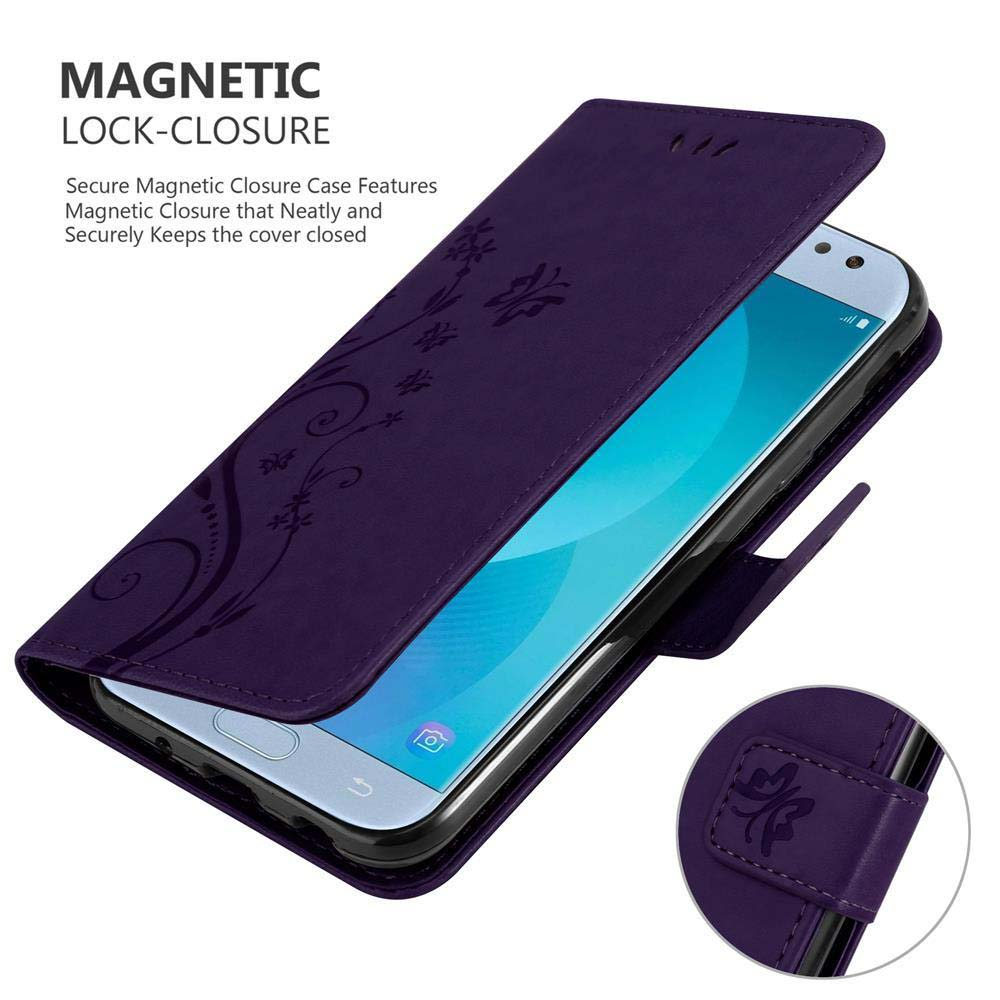Custodia per telefono viola aperta, con telefono all'interno, su sfondo bianco, chiusura magnetica.