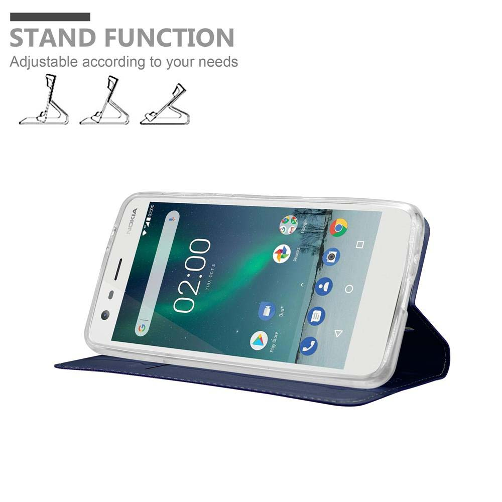 Marineblaue Handyhülle mit Telefon. Text oben. Weißer Hintergrund.