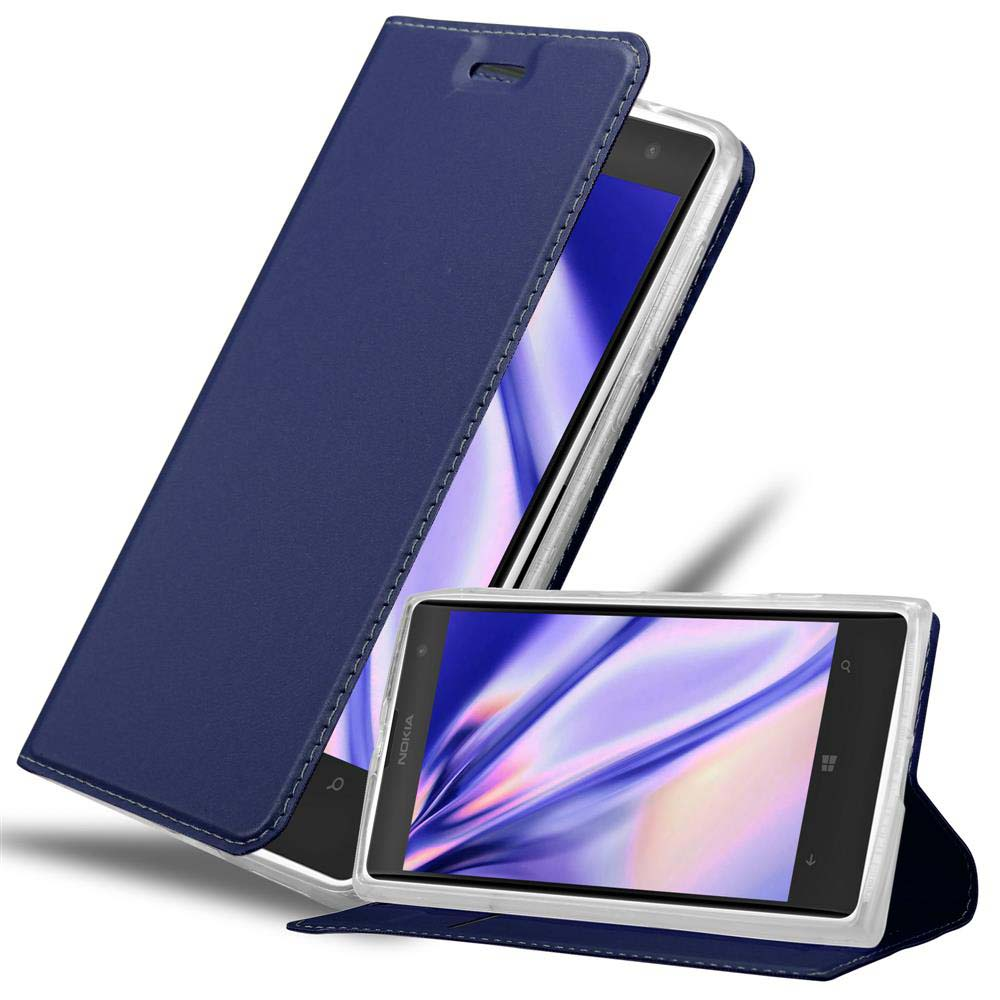 Custodia blu per telefono con telefono aperto. Il telefono ha una cornice bianca e schermo nero.