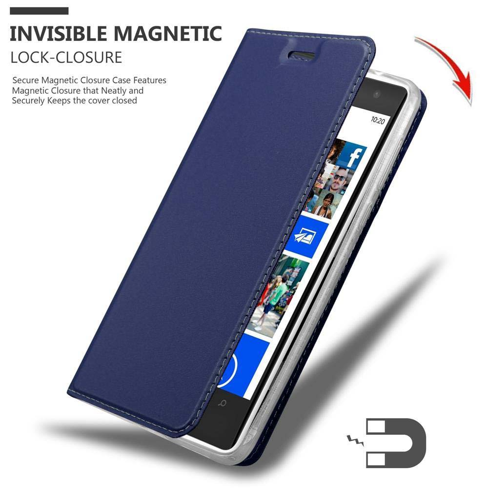 Una custodia per telefono è aperta, mostrando il telefono. Il testo dice 'INVISIBLE MAGNETIC LOCK-CLOSURE' con un simbolo magnetico.