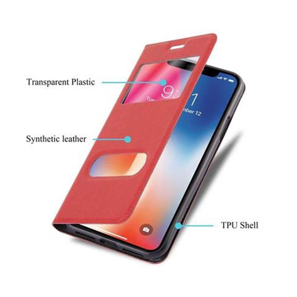 Custodia rossa con telefono dentro. La custodia è aperta e mostra il telefono.