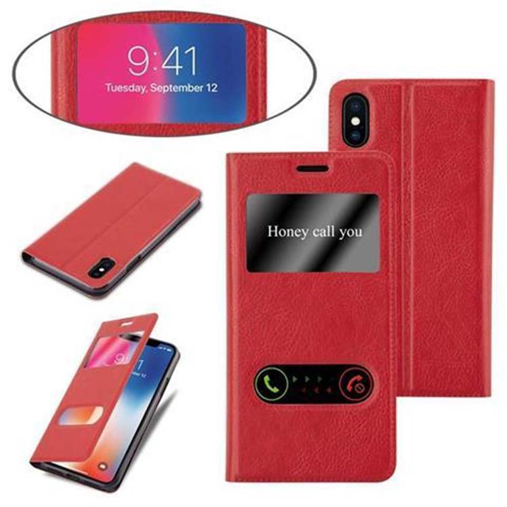 Custodia rossa per telefono con finestra. Il telefono mostra ora e icone di chiamata. Testo: Honey.