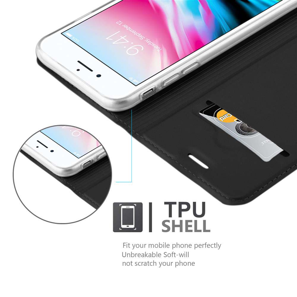 Weißes Smartphone in einer schwarzen TPU-Hülle, mit Karte im Steckplatz und TPU-Hüllenbeschreibung.