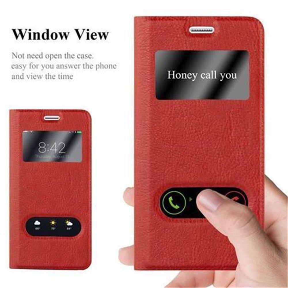 Funda roja para teléfono con ventana. La pantalla del teléfono muestra la hora.