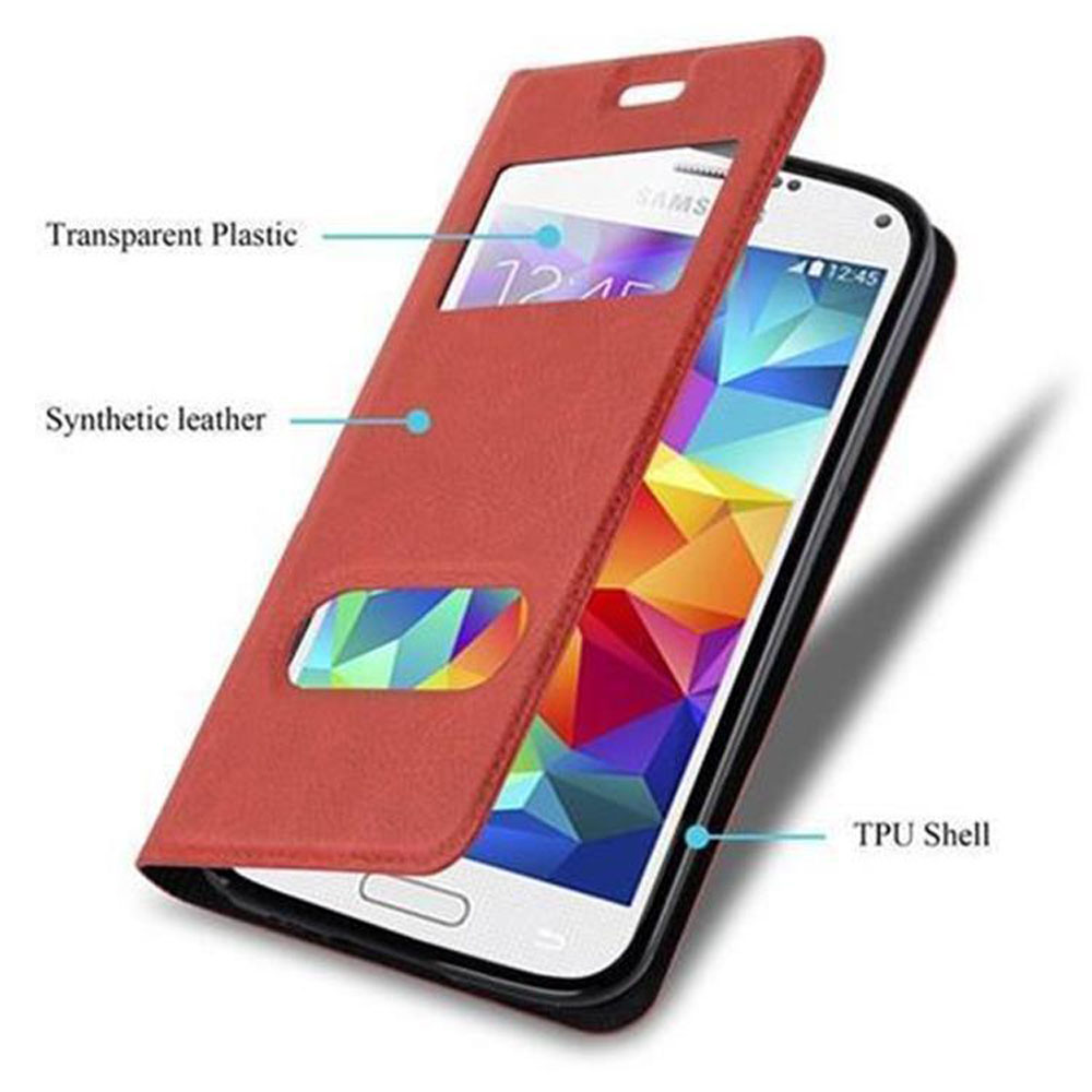 Funda de teléfono roja abierta, mostrando un teléfono. Las etiquetas señalan los componentes de plástico, cuero y carcasa.