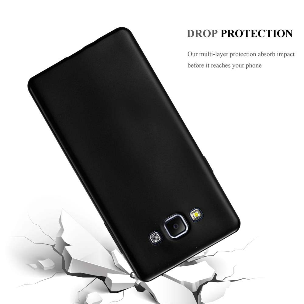 Funda de teléfono negra con un teléfono y el texto 'DROP PROTECTION'. El teléfono parece estar cayendo sobre una superficie con grietas.