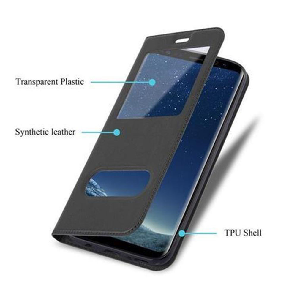 Custodia nera con copertura trasparente e annotazioni, mostra un telefono all'interno.