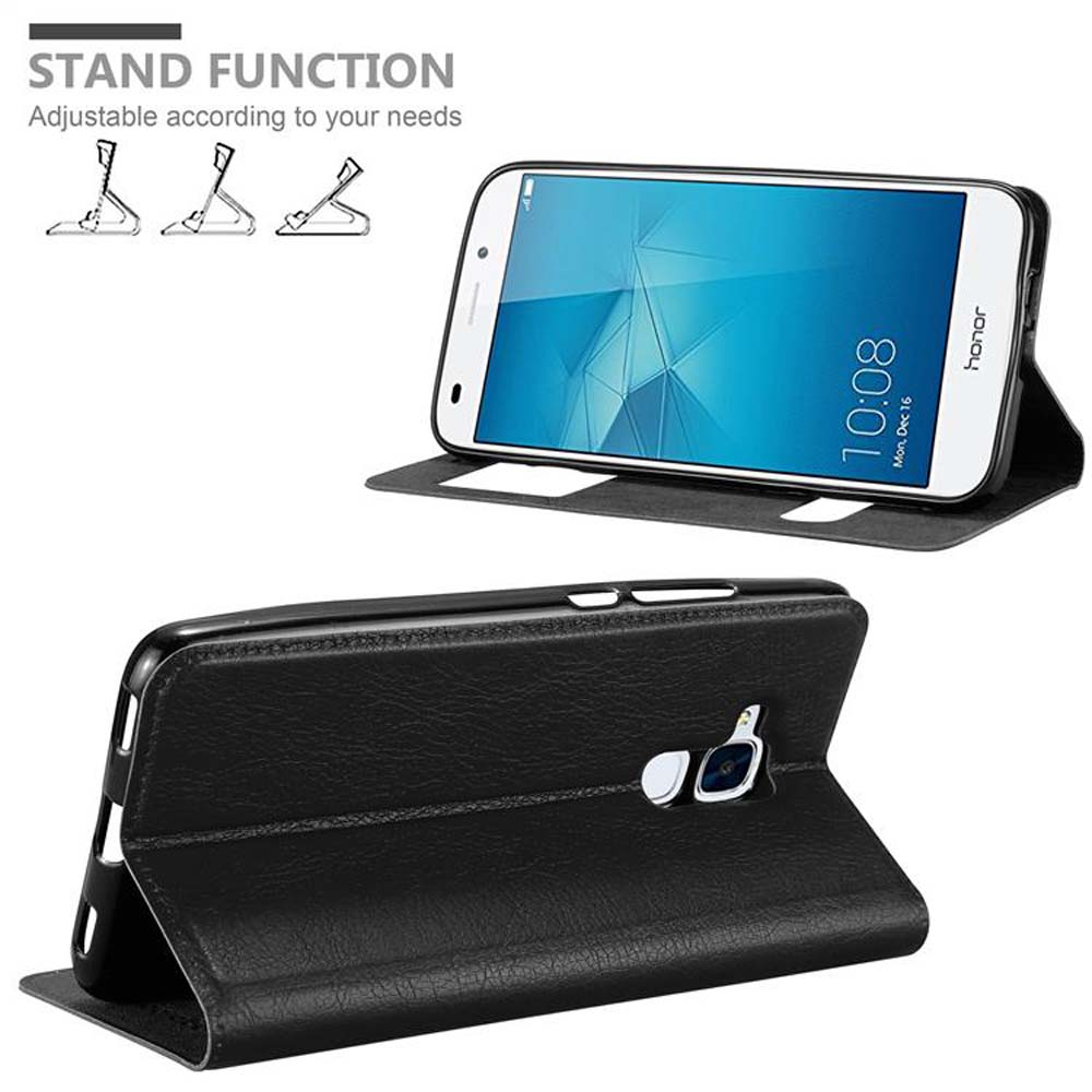 Telefono in custodia nera, aperto, puntellato. Testo: Funzione supporto.