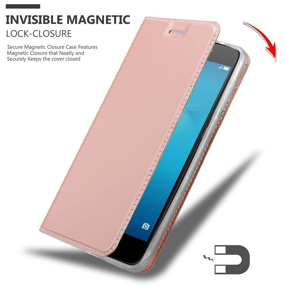 Eine pinke Handyhülle mit Magnetverschluss. Die Handyhülle ist offen mit einem Telefon darin.