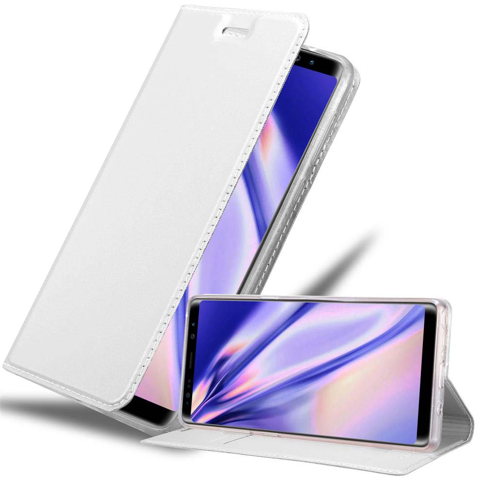 Weiße Handyhülle, offen. Ein Telefon darin. Das Telefon ist auf weißem Grund.